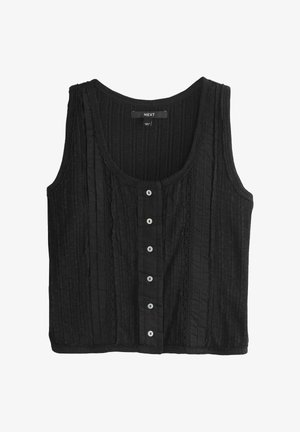 Must musta varrukateta nööpidega topp tekstuursete vertikaalsete triipude ja pitsdetailidega, ümara kaelusega ja kaelas sees brändi sildiga "NEXT".