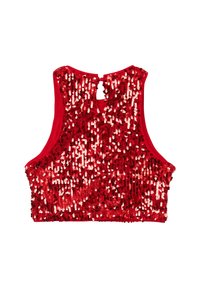 Top corto senza maniche rosso coperto di paillettes lucide, con una piccola chiusura a bottone sul collo sul retro.