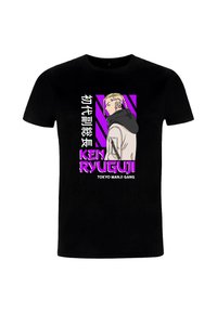 Czarna bawełniana koszulka z grafiką postaci z blond warkoczami, otoczona fioletowymi paskami oraz białym napisem "KEN RYUGUJI" i "TOKYO MANJI GANG."