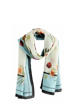 Hellblauer und cremefarbener Schal mit schwarzen Rändern, verziert mit orangefarbenen und roten Blumenmustern, locker geschlungen.