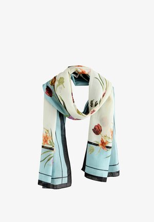 Hellblauer und cremefarbener Schal mit schwarzen Rändern, verziert mit orangefarbenen und roten Blumenmustern, locker geschlungen.