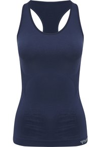 Marineblauwe sporttanktop met een racerback-design. Gemaakt van een gladde, rekbare stof met geribbelde accenten en logo-detail aan de zoom.