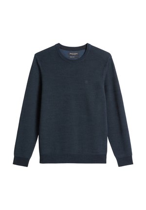 Marineblauer Rundhalspullover aus strukturiertem Strickstoff mit langen Ärmeln und kleinem Logo auf der Brust.