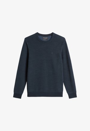 Maglione girocollo blu navy realizzato in tessuto a maglia strutturata, con maniche lunghe e un piccolo logo sul petto.