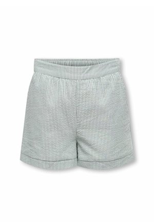 Light grey and white vertically striped casual shorts with an elastic waistband and cuffed hems.