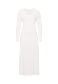 Abito bianco a maniche lunghe con scollo a V, realizzato in tessuto morbido, caratterizzato da una linea dritta e un design fluido che arriva fino alle caviglie.