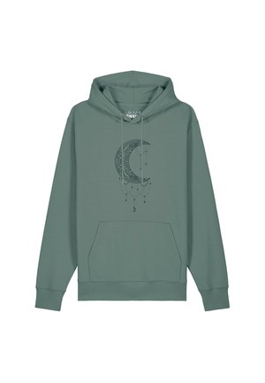 Green hooded sweatshirt with front pocket and black crescent moon and hanging celestial design on the chest.