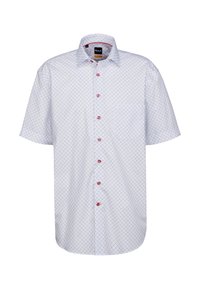 Camicia a maniche corte con bottoni di colore bianco, arricchita da un sottile motivo a rombi in rosso e blu. Presenta bottoni rossi e una singola tasca sul petto.