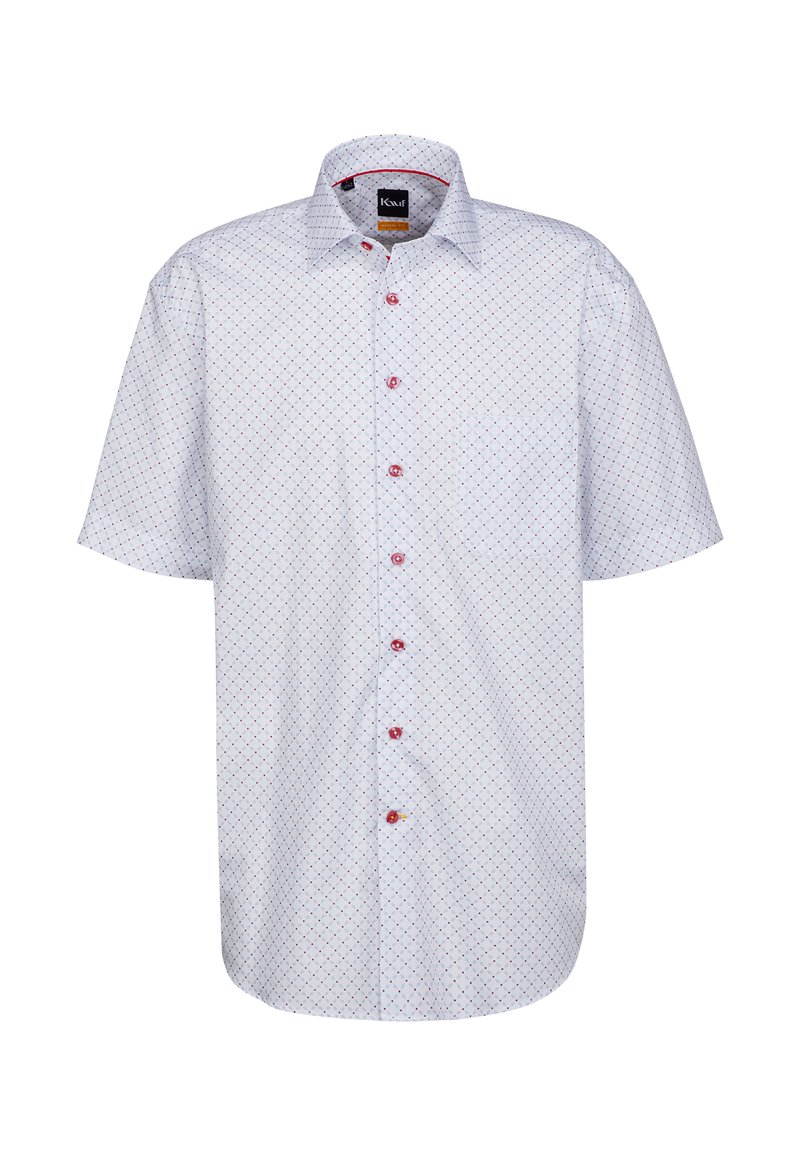 Camicia a maniche corte con bottoni di colore bianco, arricchita da un sottile motivo a rombi in rosso e blu. Presenta bottoni rossi e una singola tasca sul petto.