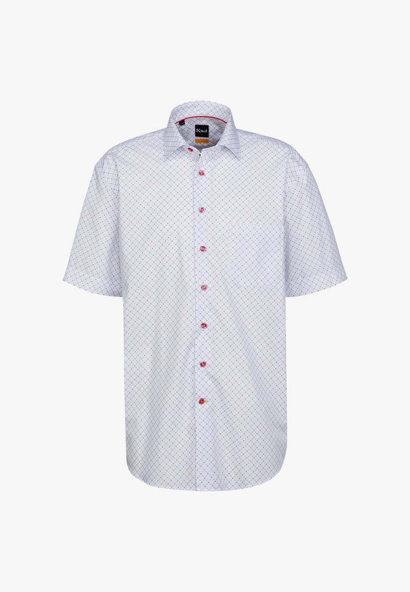 Camicia a maniche corte con bottoni di colore bianco, arricchita da un sottile motivo a rombi in rosso e blu. Presenta bottoni rossi e una singola tasca sul petto.
