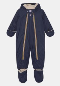 Tuta da neve imbottita blu navy con cappuccio, dotata di un rivestimento in peluche, due cerniere frontali con strisce gialle e rosse e copri-piedi integrati.