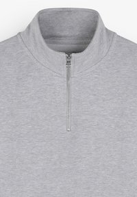 Lichtgrijze pullover met een half-ritssluiting, gemaakt van zachte stof. Heeft een opstaande kraag en een subtiel logo op de borst.