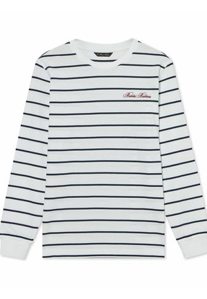 Witte lange mouwen overhemd met dunne zwarte horizontale strepen en "Brooks Brothers" rood geborduurd op de linkerborst.