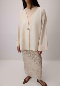 Cardigan bej din in cu un buton auriu, asortat cu o fustă argintie cu paiete. Pantofii plate maro completează ținuta.