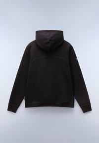 Svart hettegenser med kengurulomme, snor i hetta og ribbestrikkede mansjetter. Glatt tekstur og minimalisk design med detalj på bakre søm.