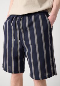 Shorts bleu marine avec des rayures verticales blanches et vert clair. Fabriqués en tissu texturé, ils possèdent une taille élastique et des poches latérales.