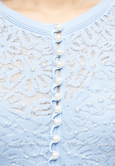Ανοιχτό μπλε δαντελένιο ένδυμα με κουμπιά που μοιάζουν με πέρλες στο μπροστινό μέρος, με ευαίσθητες διακοσμήσεις από χάντρες σε σχήμα λουλουδιών στο ύφασμα.