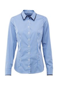 Camisa de manga larga a cuadros azul y blanca con cuello abotonado, con costuras en contraste, corte entallado y puños estándar.