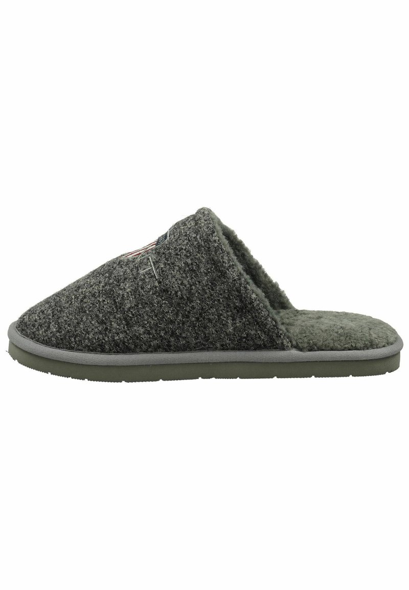 Grijze slipper van stof met een afgeronde vorm, open achterkant en een zachte binnenvoering. Heeft een gestructureerde bovenkant en een grijze rubberen zool.