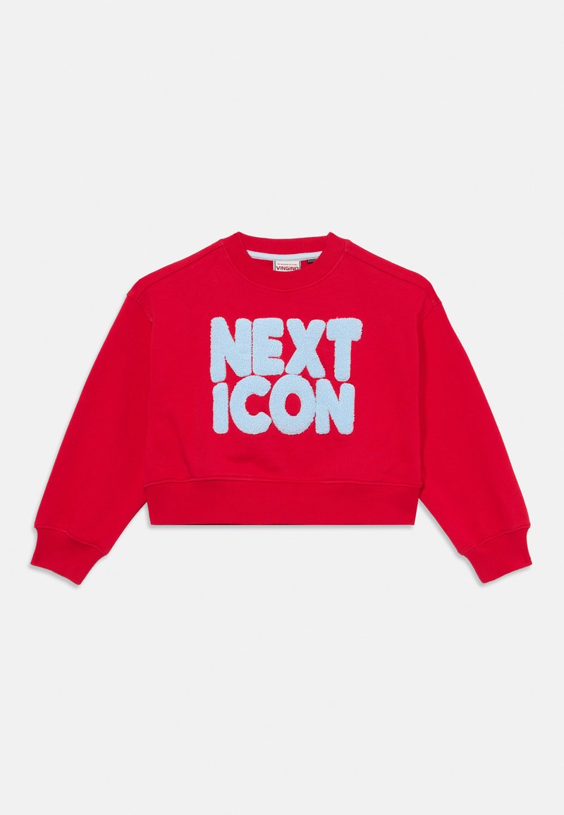 Červená skrátená mikina z bavlny s nadýchaným, svetlomodrým nápisom "NEXT ICON" vpredu. Rybované manžety a výstrih.
