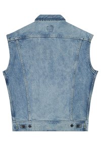 Αμάνικο ανοιχτό μπλε τζιν γιλέκο με ραφές στην πίσω πλευρά, ρυθμιζόμενες πλαϊνές λωρίδες και ευθύ γιακά.