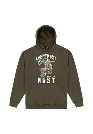 Oliven grøn hættetrøje med frontlomme, hvid grafik af en brølende tiger og tekst "ALLE VED, VI ER DE BEDSTE."