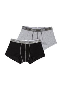 Slip in cotone nero e grigio con taglio aderente. Il cinturino elastico presenta un logo a contrasto. Gli slip grigi hanno un accento grigio chiaro; il nero è uniforme.