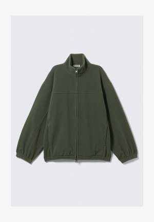 Dark green fleece jacket with full front zipper, high collar, elastic cuffs, and side pockets, laid flat on a white background.