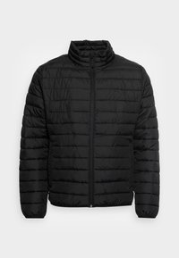 Black quilted jacket with a high collar, horizontal stitching, zip-up front, and elastic cuffs. Soft fabric with a smooth texture.