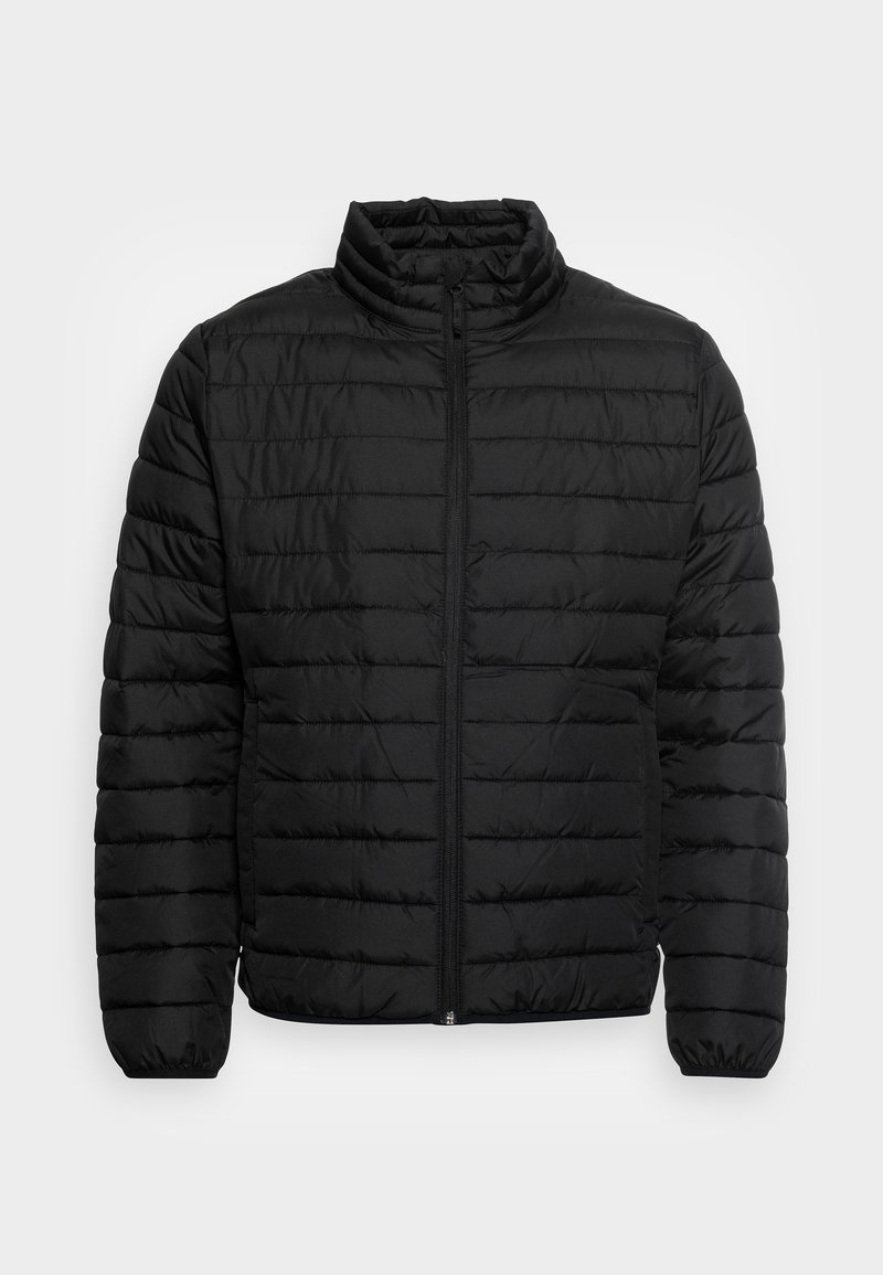 Black quilted jacket with a high collar, horizontal stitching, zip-up front, and elastic cuffs. Soft fabric with a smooth texture.
