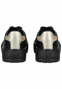 Black sneakers with a textured surface, featuring a metallic gold accent on the heel and the word "REPLAY" embossed on the sole.