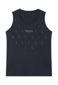 Camiseta sin mangas azul marino fabricada en algodón con una textura suave, que presenta un logo "FREDDY" con lentejuelas y un patrón de pequeños strass.