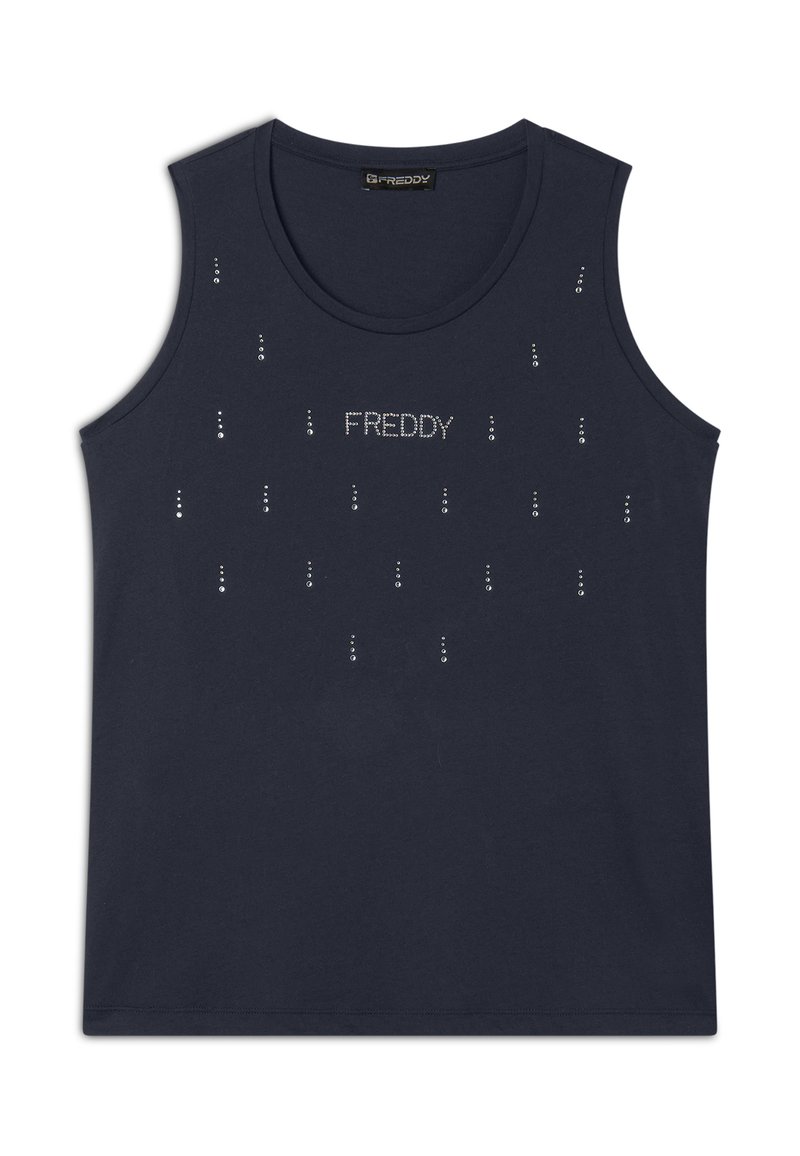 Camiseta sin mangas azul marino fabricada en algodón con una textura suave, que presenta un logo "FREDDY" con lentejuelas y un patrón de pequeños strass.