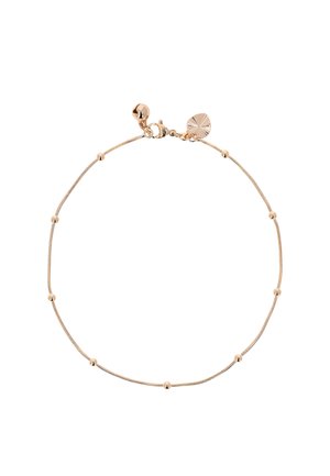 Delikat halskæde i guldkæde med små perler med mellemrum, lås med hummerlås og to små runde og bladformede vedhæng.