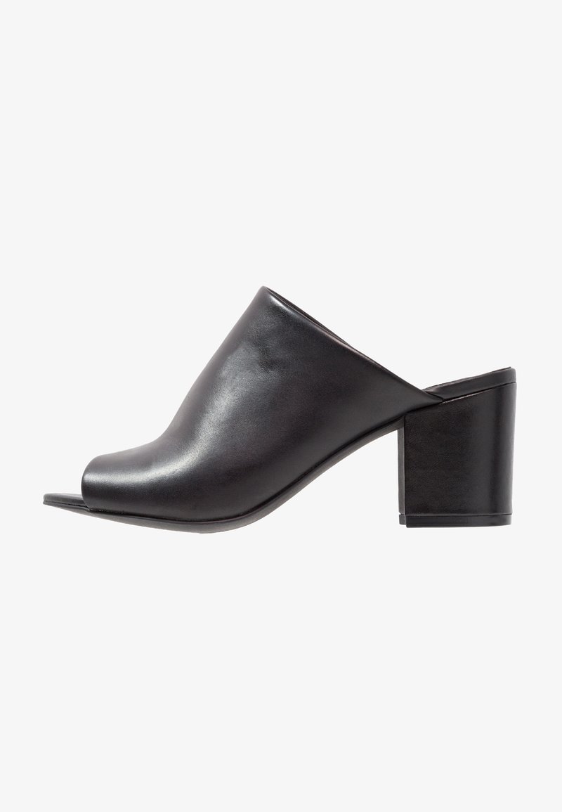 Zwarte leren open teen mules met een strak ontwerp, voorzien van een chunky blokhak en een gladde textuur, die minimalistische styling benadrukken.