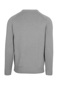 Grau gestrickter Pullover aus einem gestrickten Stoff, mit langen Ärmeln, rundem Halsausschnitt, gerippten Bündchen und einem gerippten Saum. Sauberes Design ohne Muster.