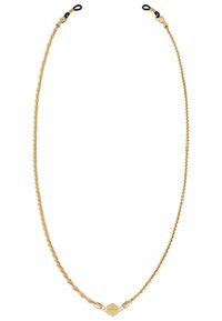 Gul kædeldesign med blandede led i en snoet stil og en hexagonal detalje i midten, afsluttet med sorte fastgørelsesløkker.