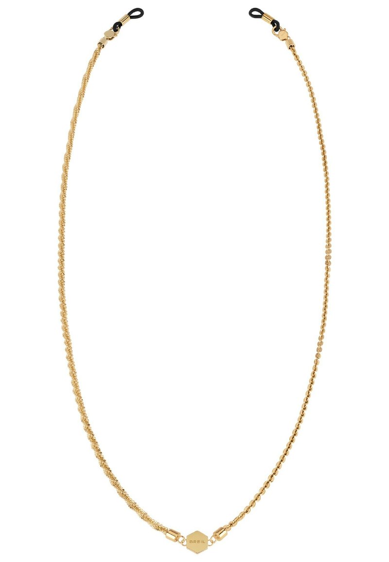 Gouden ketting met een mix van schakels met een gedraaide design en een hexagonale accent in het midden, afgewerkt met zwarte sluitlussen.