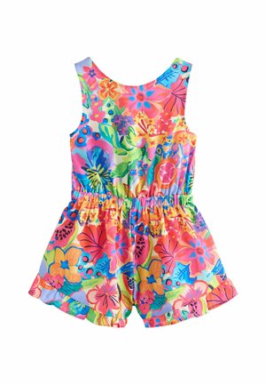 Salopetă colorată fără mâneci cu model floral și talie elastică, cu flori și frunze roz, albastre, verzi, galbene și portocalii pe fundal alb.
