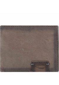 Brown leather wallet with a smooth texture, rectangular shape, and a stitched border. Features a small embossed logo on the front.