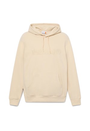 Beiger Hoodie mit Fronttasche, Kapuze mit Kordelzug und geprägt eingestelltem "Timberland"-Logo mit Baumgrafik. Weicher, glatter Stoff.