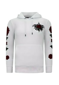 Witte hoodie met een rode roos en zwarte bloemdessin op de borst en mouwen. Voorzien van een voorkantzak en een verstelbare capuchon met trekkoord.