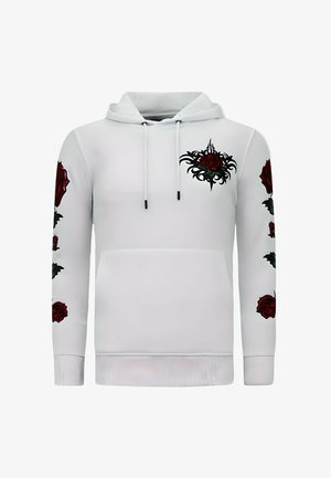 Witte hoodie met een rode roos en zwarte bloemdessin op de borst en mouwen. Voorzien van een voorkantzak en een verstelbare capuchon met trekkoord.