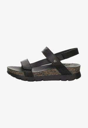 Svart läder sandal med två breda remmar, korkmellansula och texturerad gummisula. Justerbar hälrem för säker passform.