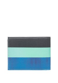 Leren portemonnee met horizontale strepen in zwart, mintgroen en blauw. Textuur oppervlak met zichtbare stiksels langs de randen.