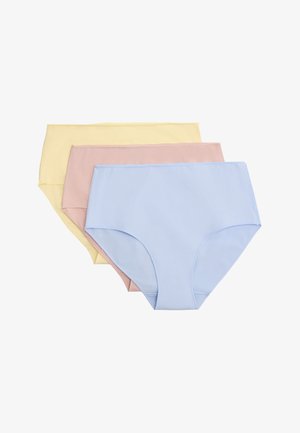 Tres prendas de ropa interior femenina de talle alto en amarillo pastel, rosa y azul claro, apiladas sobre un fondo blanco.