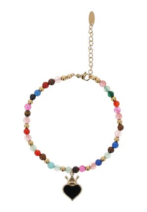 Bracciale con perle tonde multicolori e spaziatori dorati, caratterizzato da un ciondolo a forma di cuore nero con una corona dorata e una chiusura a catena regolabile in oro.