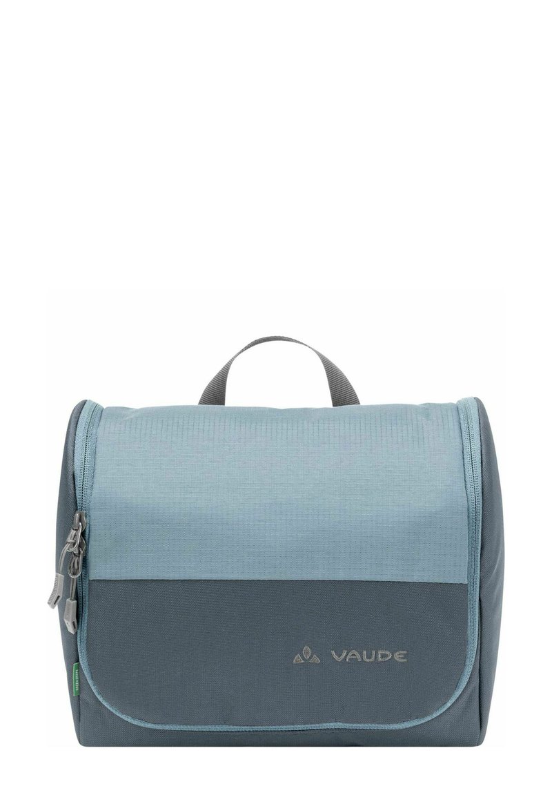 Neceser plegable en tela azul y gris. Presenta un cierre con cremallera, un asa en la parte superior y una textura suave con un patrón sutil.