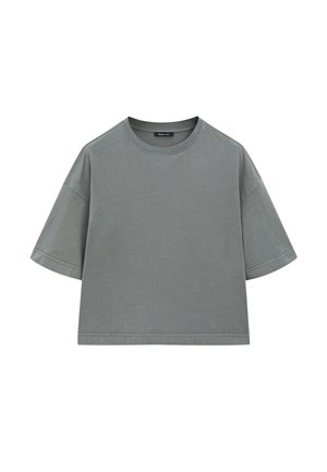 Graues Baumwoll-T-Shirt mit einem entspannten, kastigen Schnitt, kurzen Ärmeln und rundem Halsausschnitt. Mit sichtbaren Nähten an den Kanten.