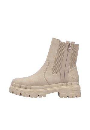 Beige ankelstøvle med chunky sål, lynlås i siden, elastisk panel, rund tå og mærkets logo præget nær hælen.